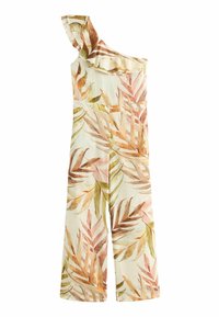 Combinaison asymétrique à une épaule avec jambes larges, ornée d’un détail volanté et d’un motif de feuilles tropicales aux tons roses, bruns et verts doux.