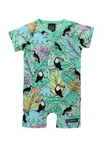 Body niemowlęcy z krótkim rękawem w miętowym kolorze z tropikalnym wzorem przedstawiającym tukany, liście i kwiaty; wykonany z bawełny organicznej.