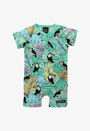 Korte mouwen baby rompertje in muntgroen met een tropisch patroon featuring tucanen, bladeren en bloemen; gemaakt van biologische katoen.