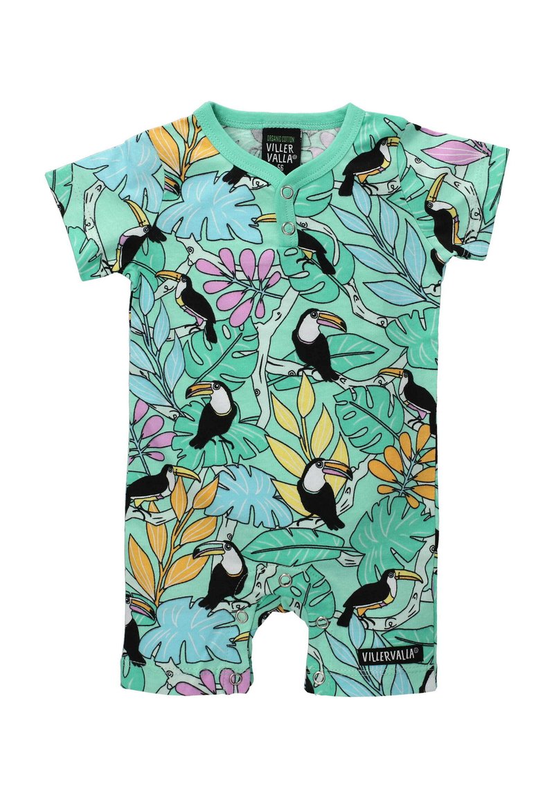 Body niemowlęcy z krótkim rękawem w miętowym kolorze z tropikalnym wzorem przedstawiającym tukany, liście i kwiaty; wykonany z bawełny organicznej.