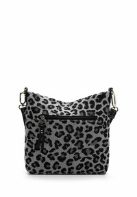 Borsa a tracolla in stampa leopardata grigia e nera in tessuto con tasca frontale con zip e tracolla regolabile. Finitura testurizzata, dettagli in metallo.
