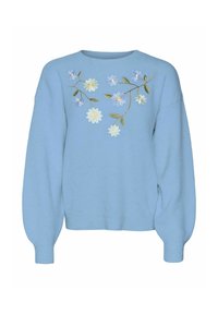 Light blue sweater with long sleeves, round neckline, and floral embroidery in white and pastel colors on the front. Soft texture.