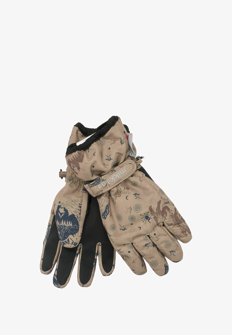 Guanti beige con un motivo decorativo che presenta animali e simboli celesti. Palmi neri strutturati; polsini elastici per una vestibilità sicura.