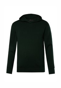 Kapuzenpullover aus dunkelgrünem Strickstoff. Beinhaltet lange Ärmel, gerippte Bündchen und eine lockere Passform. Etikett am Halsausschnitt sichtbar.