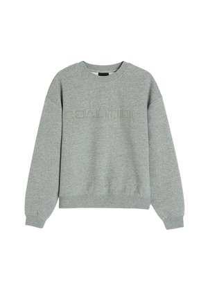 Szary sweter z okrągłym dekoltem, długimi rękawami oraz teksturowanym napisem "COALITION" na klatce piersiowej. Wykonany z miękkiego, wygodnego materiału.