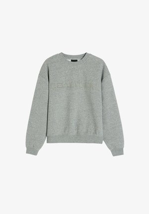 Szary sweter z okrągłym dekoltem, długimi rękawami oraz teksturowanym napisem "COALITION" na klatce piersiowej. Wykonany z miękkiego, wygodnego materiału.