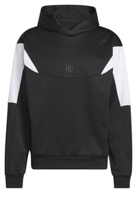 Sweat à capuche noir avec des bandes blanches inclinées sur le haut des manches et un petit logo circulaire sur la poitrine, avec poignets et ourlet côtelés.