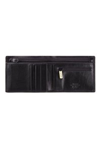 Portefeuille en cuir noir comportant plusieurs fentes pour cartes, une poche zippée et un accent en matériel doré avec un logo embossé.
