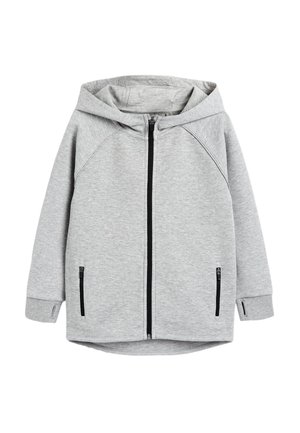 Világosszürke kapucnis pulóver fekete első cipzárral és cipzáras oldalzsebekkel, hosszú ujjakkal, amelyekben hüvelykujj nyílás van, és laza fazonban.