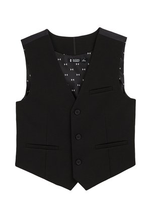 Svart väst i slätt tyg med v-ringad design, utrustad med tre knappar, två framfickor och ett mönstrat foder.
