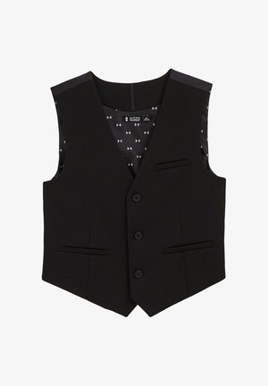 Črna brezrokavnik iz gladkega materiala z V-izrezom, ki vsebuje tri gumbe, dve sprednji žepki in podlogo s potiskom.