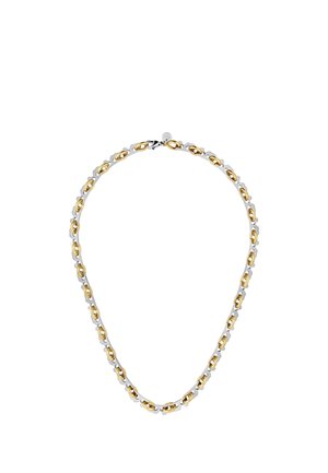 Necklace with alternating gold and silver oval links forming a chain with a silver clasp.