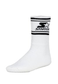 Witte sportsok met een geribbelde boord, zwarte strepen en een logo met een ster. Gemaakt van soepel, rekbaar materiaal voor comfort.