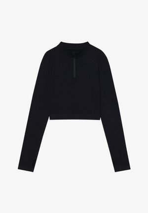Zwarte, cropped top met lange mouwen, hoge kraag en een halve rits, met duimgaten in de mouwen en een soepele textuur.