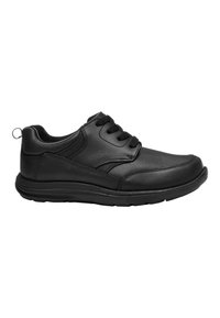 Chaussures en cuir noir à lacets avec un profil bas, un col rembourré et un bout arrondi. Comprend une surface texturée et une languette au talon.
