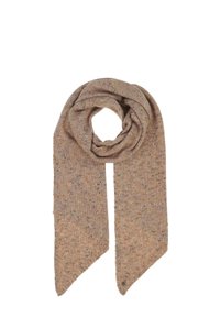 Écharpe beige douce avec un design tricoté texturé, présentant une construction de longueur intermédiaire et des extrémités pointues. Des éclats subtils ajoutent un intérêt visuel.
