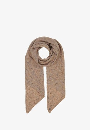 Soft beige scarf with a textured, knit design, featuring a mid-length construction and pointed ends. Subtle speckles add visual interest.