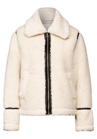 Giacca in pelliccia sintetica color crema con zip frontale, ampio colletto, due tasche anteriori e rifiniture nere lungo la zip e ai polsi.