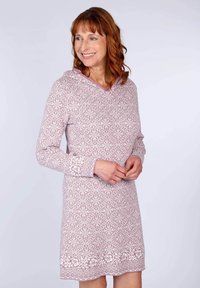 Hoodiekleid aus softpinkem Stoff mit weißen Blumenmustern, langen Ärmeln und strukturierten Bündchen. Es hat einen V-Ausschnitt und eine lässige Passform.