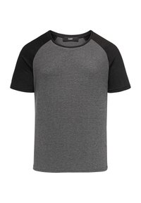 Grau und schwarzes kurzärmeliges T-Shirt mit Raglan-Design, aus einem strukturierten Stoff gefertigt, mit Rundhalsausschnitt und kontrastierenden Ärmeln.