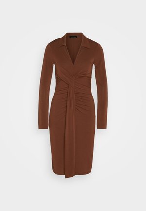 Brown long-sleeve dress with a collared neckline, wrap design, and gathered texture at the waist, featuring a draped accent.