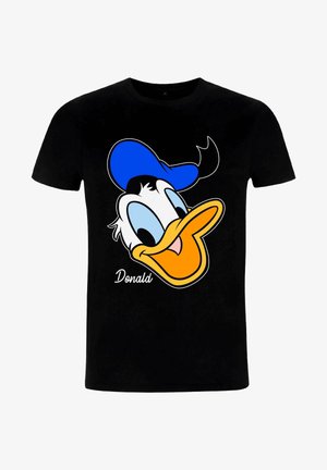 Maglietta nera in cotone con una grande grafica colorata di un volto di anatra, dotata di un cappello blu, becco arancione e piume bianche.