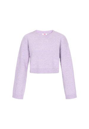 Lavendel cropped sweater lavet af blødt stof. Har lange ærmer, en rund halsudskæring samt ribbede manchetter og kant. Ingen synlige mønstre eller accenter.