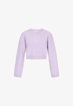 Pull court lavande en tissu doux. Il possède des manches longues, un col rond, ainsi que des bords et des poignets côtelés. Pas de motifs ou d'accents visibles.