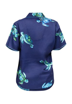 Granatowa koszula z krótkim rękawem z zielonymi i niebieskimi nadrukami żółwi morskich rozproszonymi na plecach i rękawach.