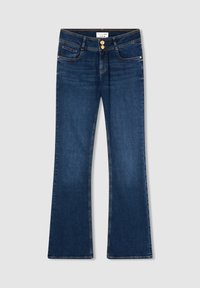 Ciemnoniebieskie dżinsy w fasonie dzwonów, wykonane z denimu, z podwójnym zapięciem na guziki, pięcioma kieszeniami i widocznymi szwami na brzegach. Gładka tekstura.