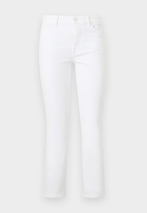 White denim jeans with a straight-leg cut, featuring a button closure, belt loops, and five pocket design. Smooth texture with no patterns.