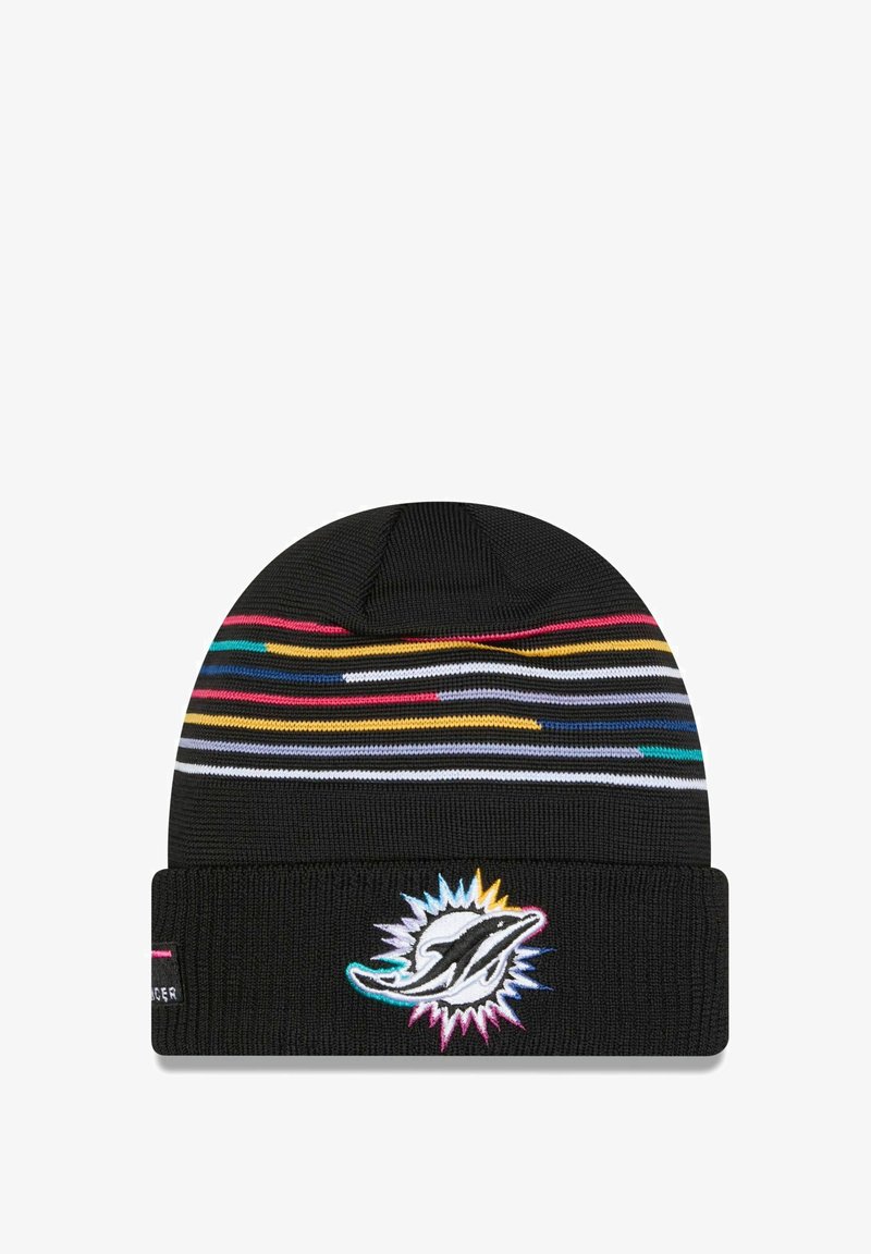 Black knit beanie with horizontal multicolored stripes at the top and an embroidered logo of a dolphin on the front cuff.