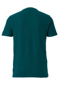 Camiseta de algodón color verde azulado con mangas cortas, cuello redondo y una textura suave. La vista trasera muestra un diseño simple y sin adornos.