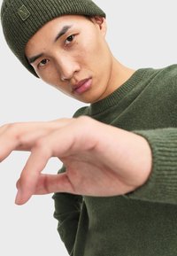 Maglione verde lavorato a maglia con colletto a girocollo a coste e berretto abbinato. Il tessuto appare morbido, con una leggera texture e senza motivi visibili.