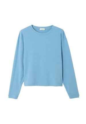 Hele sinine pika varrukaga ümar kaelusega särk, millel on sirge alumine äär ja puuduvad nähtavad mustrid või logod, valgel taustal esitletud.