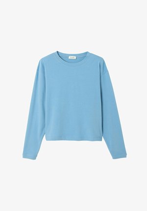 Svetlomodré tričko s dlhým rukávom a okrúhlym výstrihom, so strihom rovného lemu bez viditeľných vzorov alebo log, zobrazené na bielom pozadí.