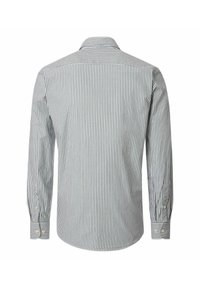 Hemd met lange mouwen voor heren, voorzien van verticale witte en grijze strepen, met knoopmanchetten en een klassieke kraag, gezien van de achterkant.