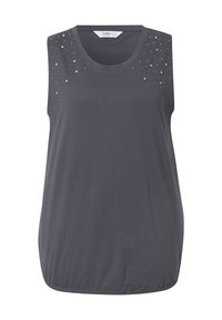 Top grigio senza maniche realizzato in tessuto morbido, con borchie decorative sulle spalle, scollatura rotonda e vestibilità rilassata.