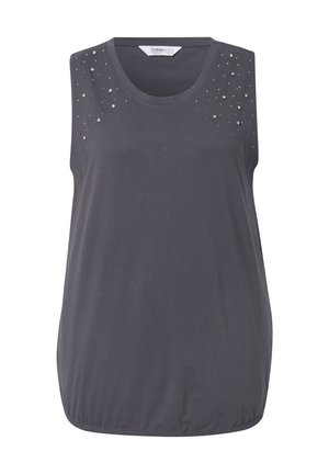 Graues ärmelloses Top aus weichem Material, mit dekorativen Nieten an den Schultern, rundem Ausschnitt und lässiger Passform.
