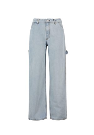 Pantaloni in denim azzurro chiaro con design a gamba larga, dotati di chiusura anteriore con bottone, tasche laterali e dettaglio a fascia laterale.