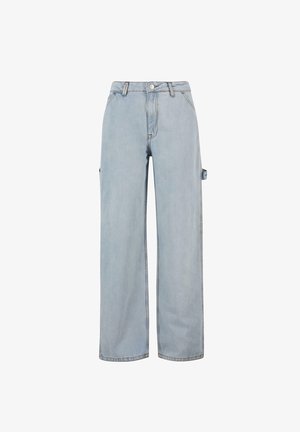 Light blue denim trousers with a wide-leg design, featuring a front button closure, side pockets, and a side strap detail.