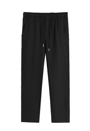 Pantalons noirs à taille élastique avec poches latérales et cordons de serrage à l'avant, coupe droite, sans logos ni motifs visibles.