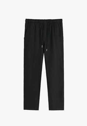 Pantalons noirs à taille élastique avec poches latérales et cordons de serrage à l'avant, coupe droite, sans logos ni motifs visibles.