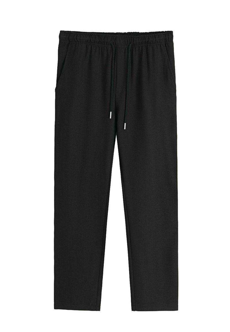 Pantalons noirs à taille élastique avec poches latérales et cordons de serrage à l'avant, coupe droite, sans logos ni motifs visibles.