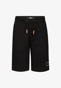 Pantalones cortos negros de tela suave, con cordón ajustable con puntas naranjas y una parche con logo en el lado inferior derecho.