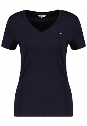 Donkerblauw T-shirt voor dames met korte mouwen en V-hals, met een klein Tommy Hilfiger-logo op de linkerborst.