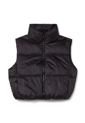 Chaleco acolchado negro, diseño sin mangas, con cuello alto, cierre de cremallera frontal, textura acolchada, con detalle de costura horizontal.