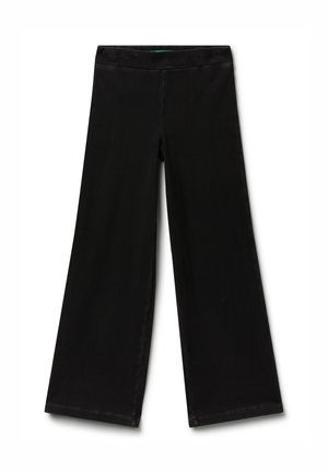 Schwarze, weitgeschnittene Hose mit hoher Taille und glatter Oberfläche, auf einem weißen Hintergrund flach dargestellt.