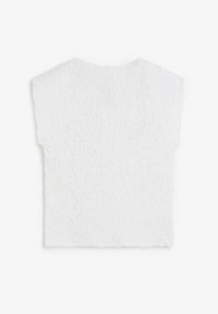 Weißes T-Shirt mit kurzen Ärmeln, strukturierter Oberfläche, lockerer Passform und rundem Ausschnitt. Schlichtes Design ohne Muster oder Verzierungen.