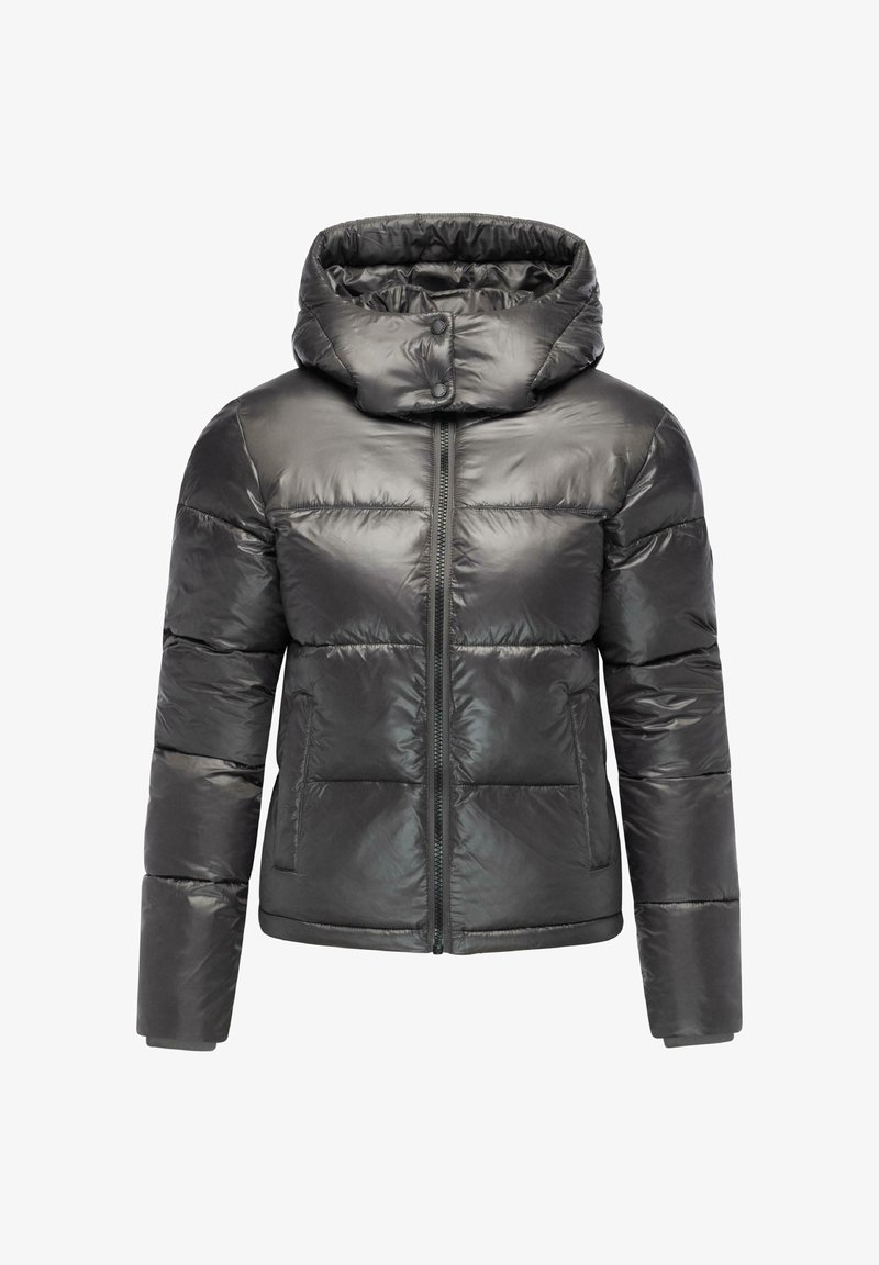 Puffer jacket in shiny black nylon, featuring a high collar, zip front, and stitched panels for insulation. Lightweight with a fitted cut.
